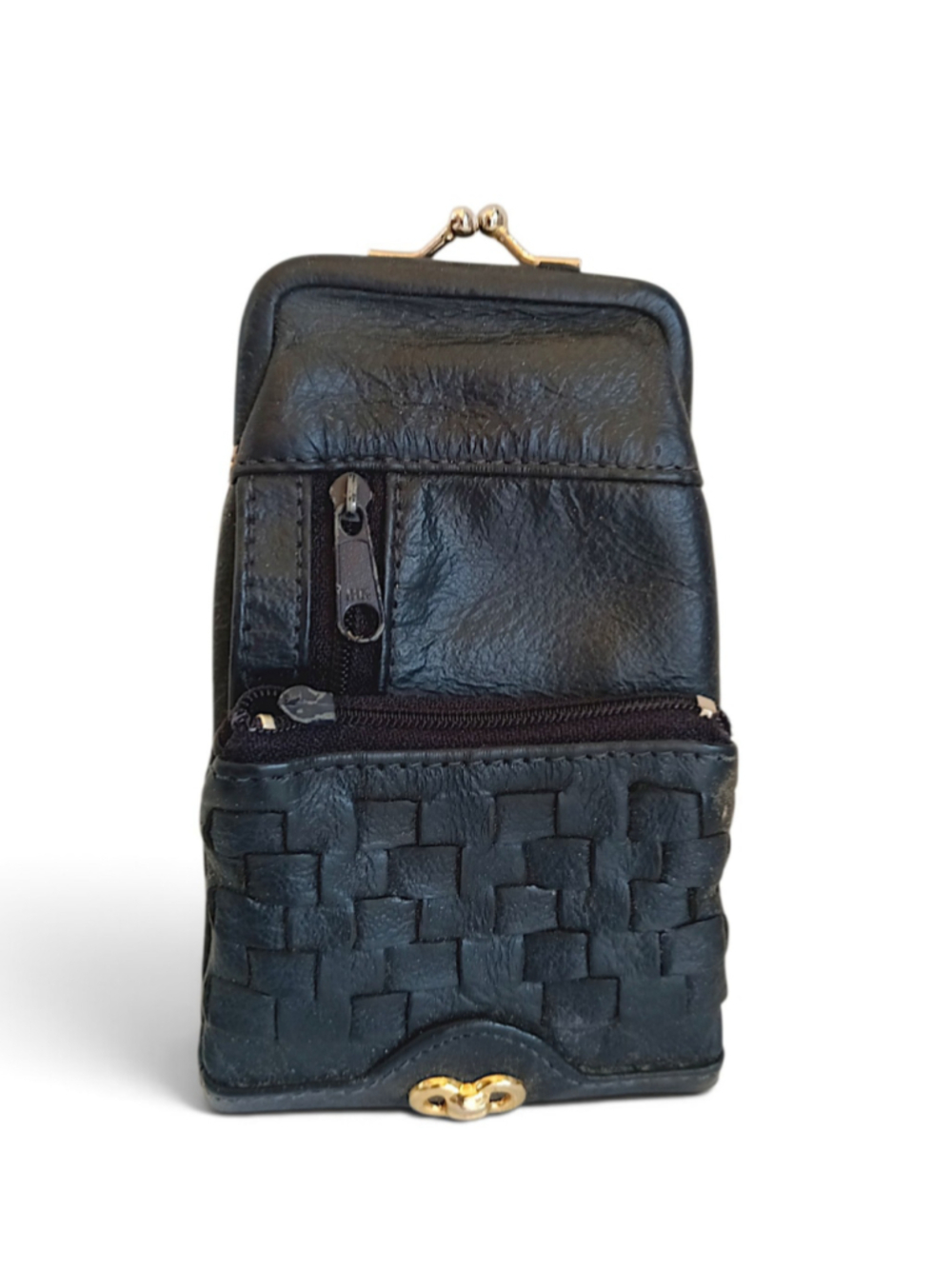 Fold over Black Leather Basketweave Wallet vintage woven faux leather kiss lock